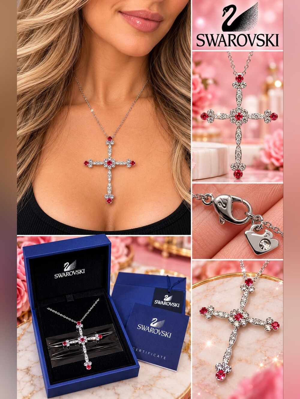 NWT Swarovski Latina Cross Crystal Necklace - FULL INCLUSION - Indian Pink Stone